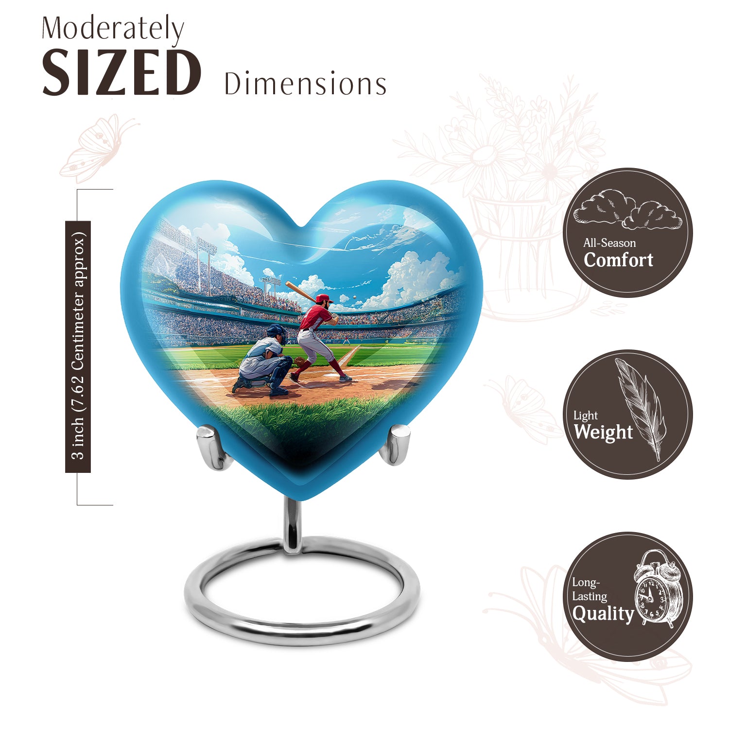 Calming Blue Baseball Cremation Urn front view showing detailed design - compassionate heart-baseball combination with gentle curves - mini keepsake memorial for portion of cremation ashes