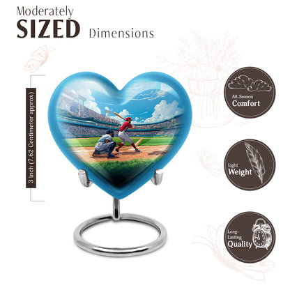 Calming Blue Baseball Cremation Urn front view showing detailed design - compassionate heart-baseball combination with gentle curves - mini keepsake memorial for portion of cremation ashes