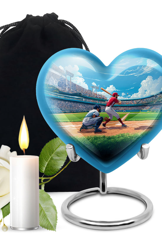 Cornflower Blue Baseball Cremation Urn detail view - romantic heart urn with baseball motif on aluminum - full-size 10 inch 200 cubic inch adult cremation urn
