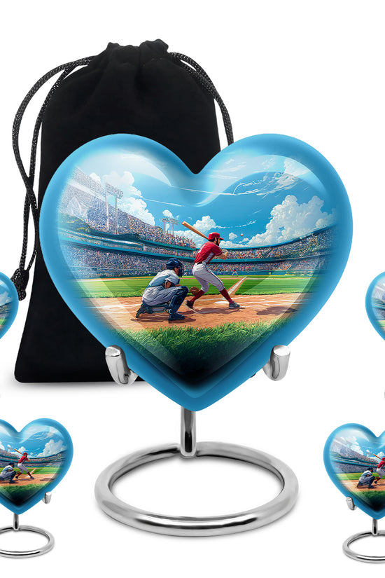 Slate Blue Baseball Cremation Urn close-up of engraving and surface detail - loving heart memorial featuring baseball pattern - memorial set with one large and four small urns