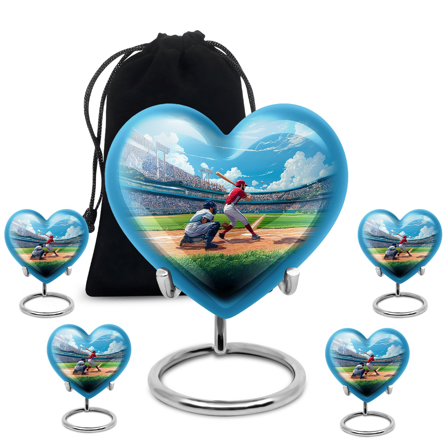 Slate Blue Baseball Cremation Urn close-up of engraving and surface detail - loving heart memorial featuring baseball pattern - memorial set with one large and four small urns