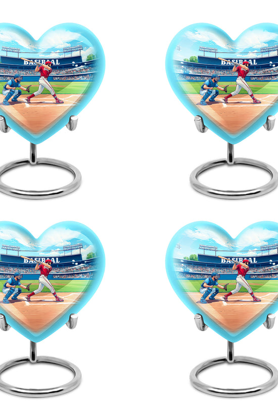 Cool Teal Baseball Cremation Urn angled view of lid and engraved motif - heart-shaped baseball design symbolizing eternal love - 10 inch aluminum urn for cremated remains
