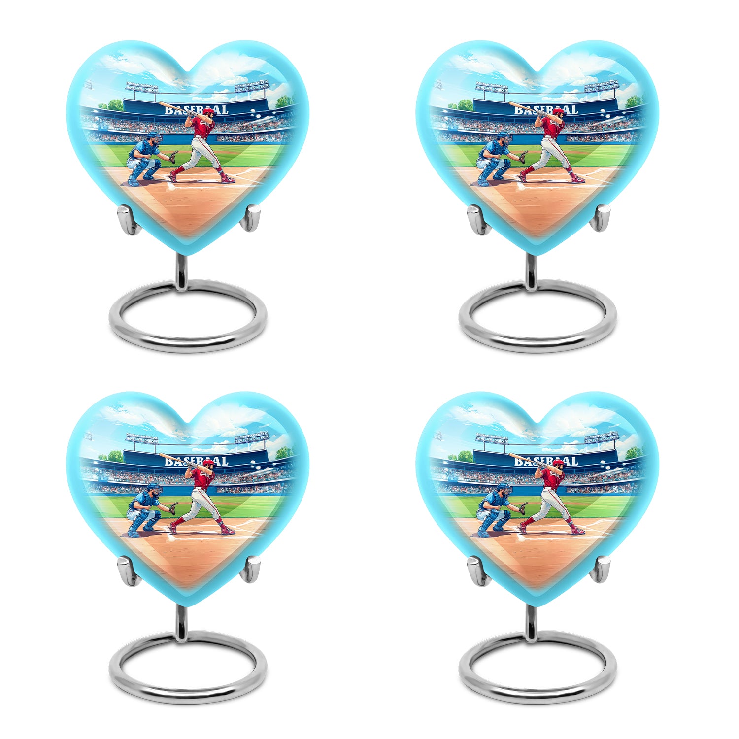 Cool Teal Baseball Cremation Urn angled view of lid and engraved motif - heart-shaped baseball design symbolizing eternal love - 10 inch aluminum urn for cremated remains