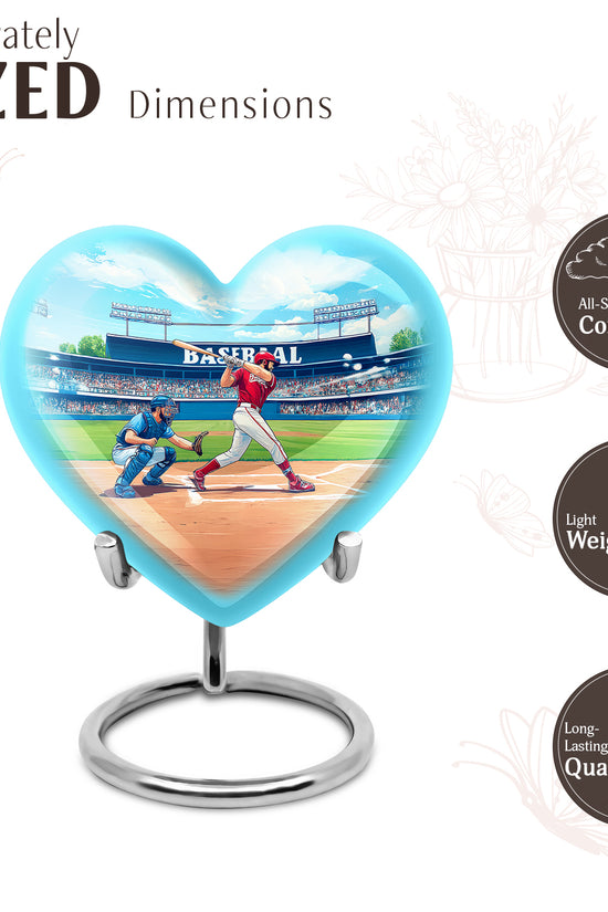Ocean Teal Baseball Cremation Urn front view showing detailed design - heart-shaped baseball design symbolizing eternal love - mini keepsake memorial for portion of cremation ashes