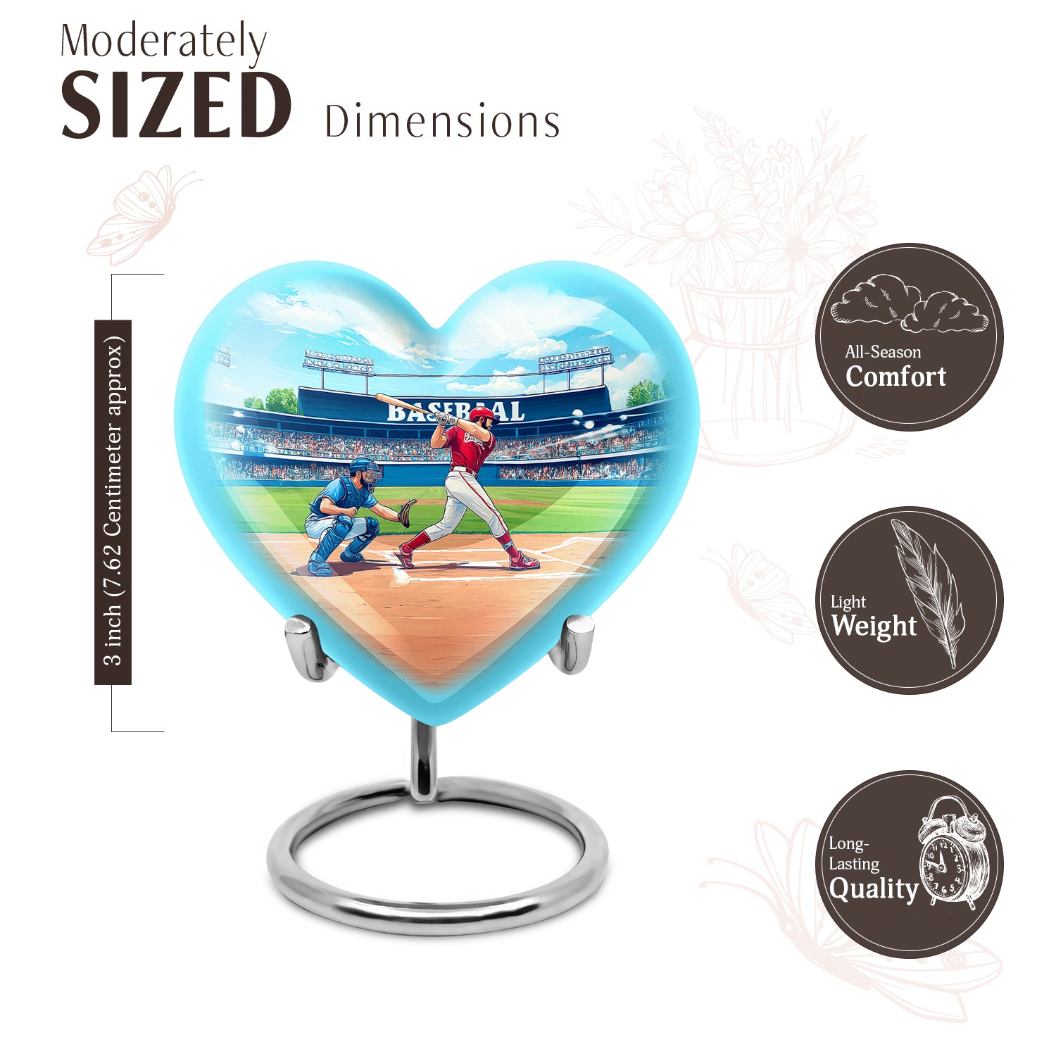 Ocean Teal Baseball Cremation Urn front view showing detailed design - heart-shaped baseball design symbolizing eternal love - mini keepsake memorial for portion of cremation ashes
