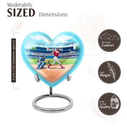 Ocean Teal Baseball Cremation Urn front view showing detailed design - heart-shaped baseball design symbolizing eternal love - mini keepsake memorial for portion of cremation ashes