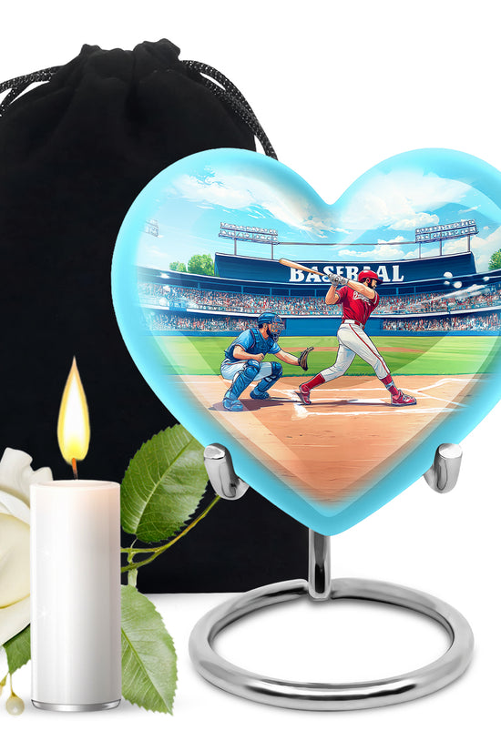 Sea Green Teal Baseball Cremation Urn detail view - loving heart memorial featuring baseball pattern - full-size 10 inch 200 cubic inch adult cremation urn
