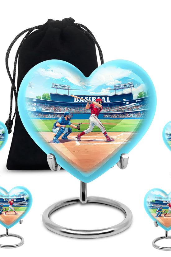 Deep Teal Baseball Cremation Urn close-up of engraving and surface detail - romantic heart urn with baseball motif on aluminum - memorial set with one large and four small urns