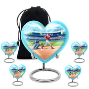 Deep Teal Baseball Cremation Urn close-up of engraving and surface detail - romantic heart urn with baseball motif on aluminum - memorial set with one large and four small urns