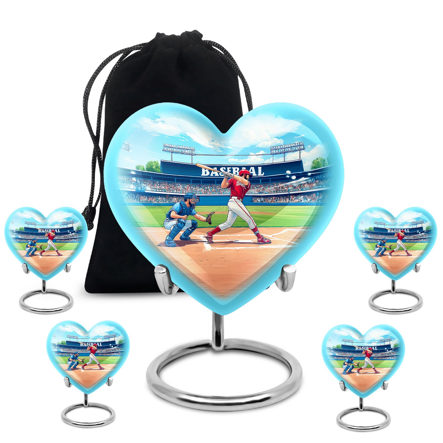 Deep Teal Baseball Cremation Urn close-up of engraving and surface detail - romantic heart urn with baseball motif on aluminum - memorial set with one large and four small urns