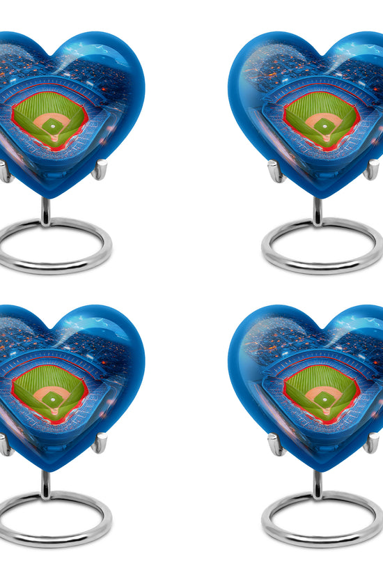 Soft Blue Baseball Cremation Urn angled view of lid and engraved motif - romantic heart urn with baseball motif on aluminum - 10 inch aluminum urn for cremated remains
