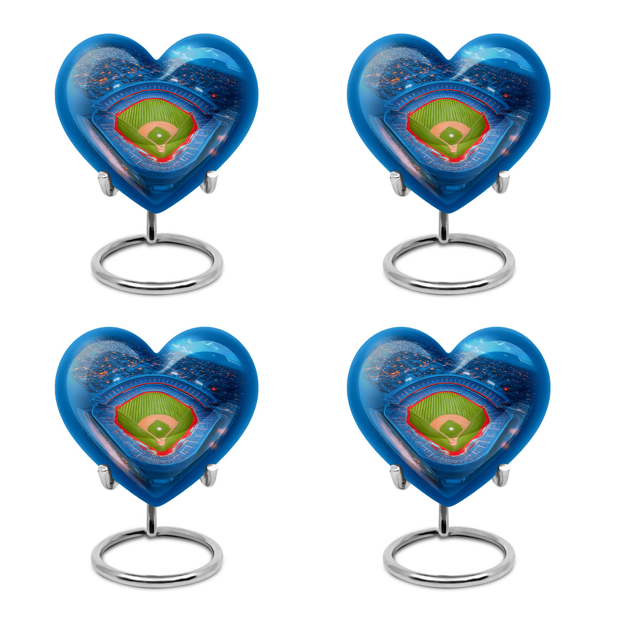 Soft Blue Baseball Cremation Urn angled view of lid and engraved motif - romantic heart urn with baseball motif on aluminum - 10 inch aluminum urn for cremated remains