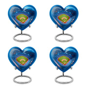 Soft Blue Baseball Cremation Urn angled view of lid and engraved motif - romantic heart urn with baseball motif on aluminum - 10 inch aluminum urn for cremated remains