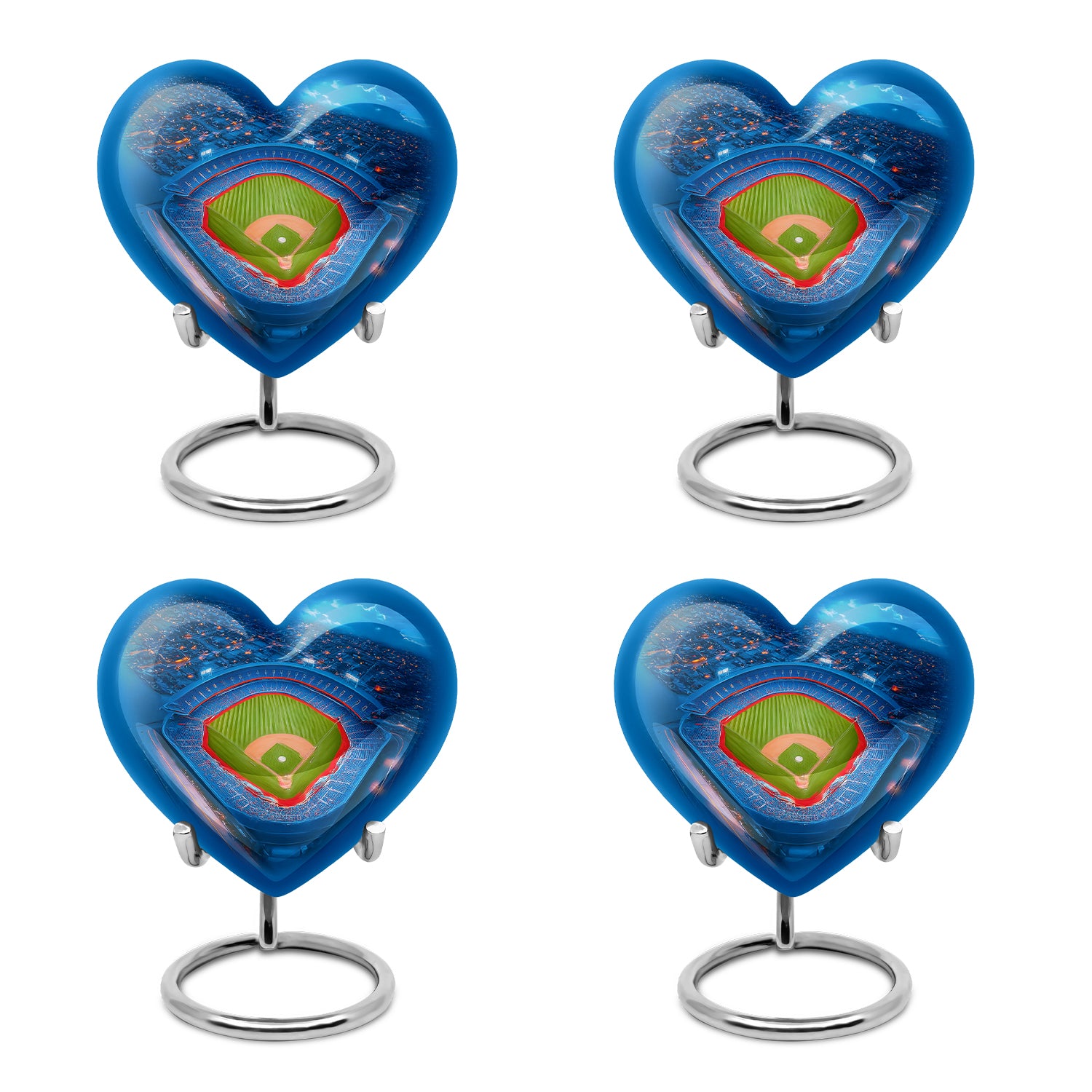 Soft Blue Baseball Cremation Urn angled view of lid and engraved motif - romantic heart urn with baseball motif on aluminum - 10 inch aluminum urn for cremated remains