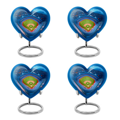Soft Blue Baseball Cremation Urn angled view of lid and engraved motif - romantic heart urn with baseball motif on aluminum - 10 inch aluminum urn for cremated remains