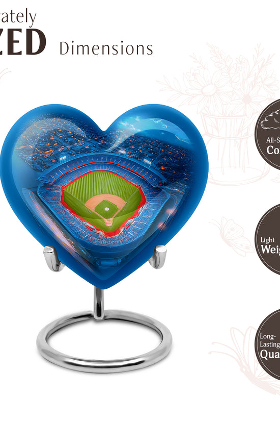 Twilight Blue Baseball Cremation Urn front view showing detailed design - compassionate heart-baseball combination with gentle curves - mini keepsake memorial for portion of cremation ashes