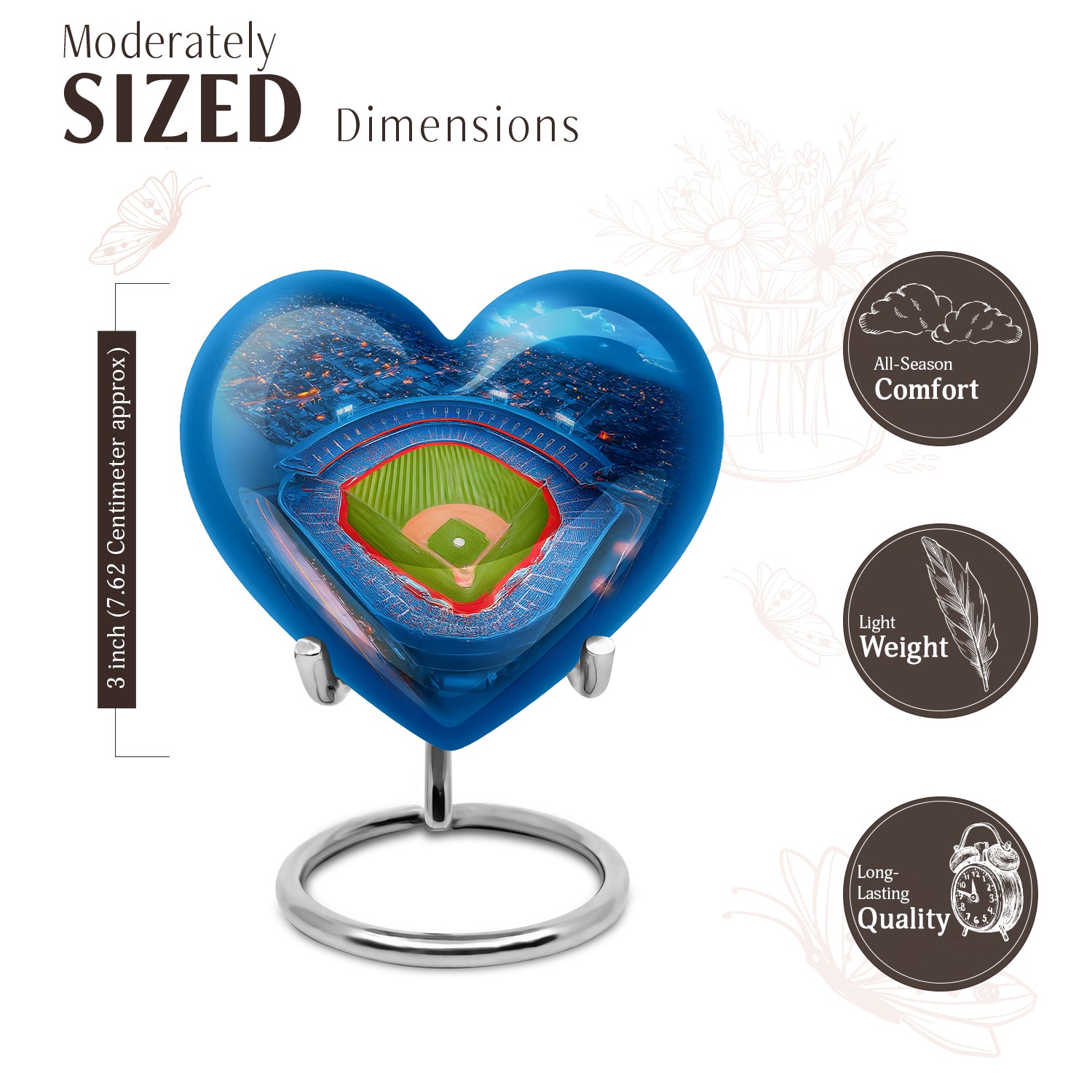 Twilight Blue Baseball Cremation Urn front view showing detailed design - compassionate heart-baseball combination with gentle curves - mini keepsake memorial for portion of cremation ashes
