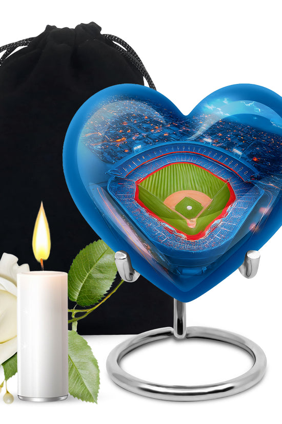 Celestial Blue Baseball Cremation Urn detail view - heart-shaped baseball design symbolizing eternal love - full-size 10 inch 200 cubic inch adult cremation urn