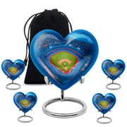 Soft Blue Baseball Cremation Urn close-up of engraving and surface detail - romantic heart urn with baseball motif on aluminum - memorial set with one large and four small urns