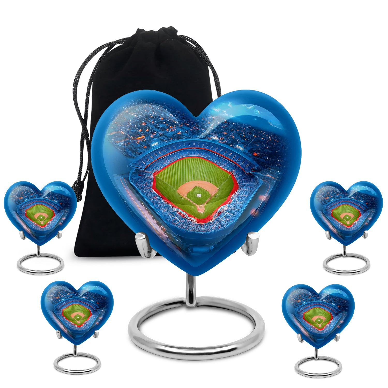 Soft Blue Baseball Cremation Urn close-up of engraving and surface detail - romantic heart urn with baseball motif on aluminum - memorial set with one large and four small urns
