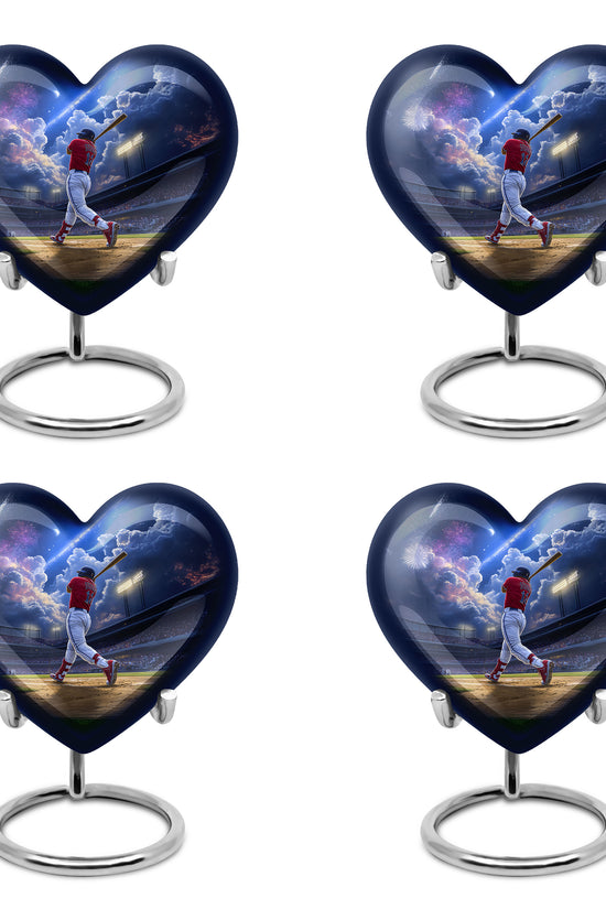 Cobalt Blue Baseball Cremation Urn angled view of lid and engraved motif - compassionate heart-baseball combination with gentle curves - 10 inch aluminum urn for cremated remains