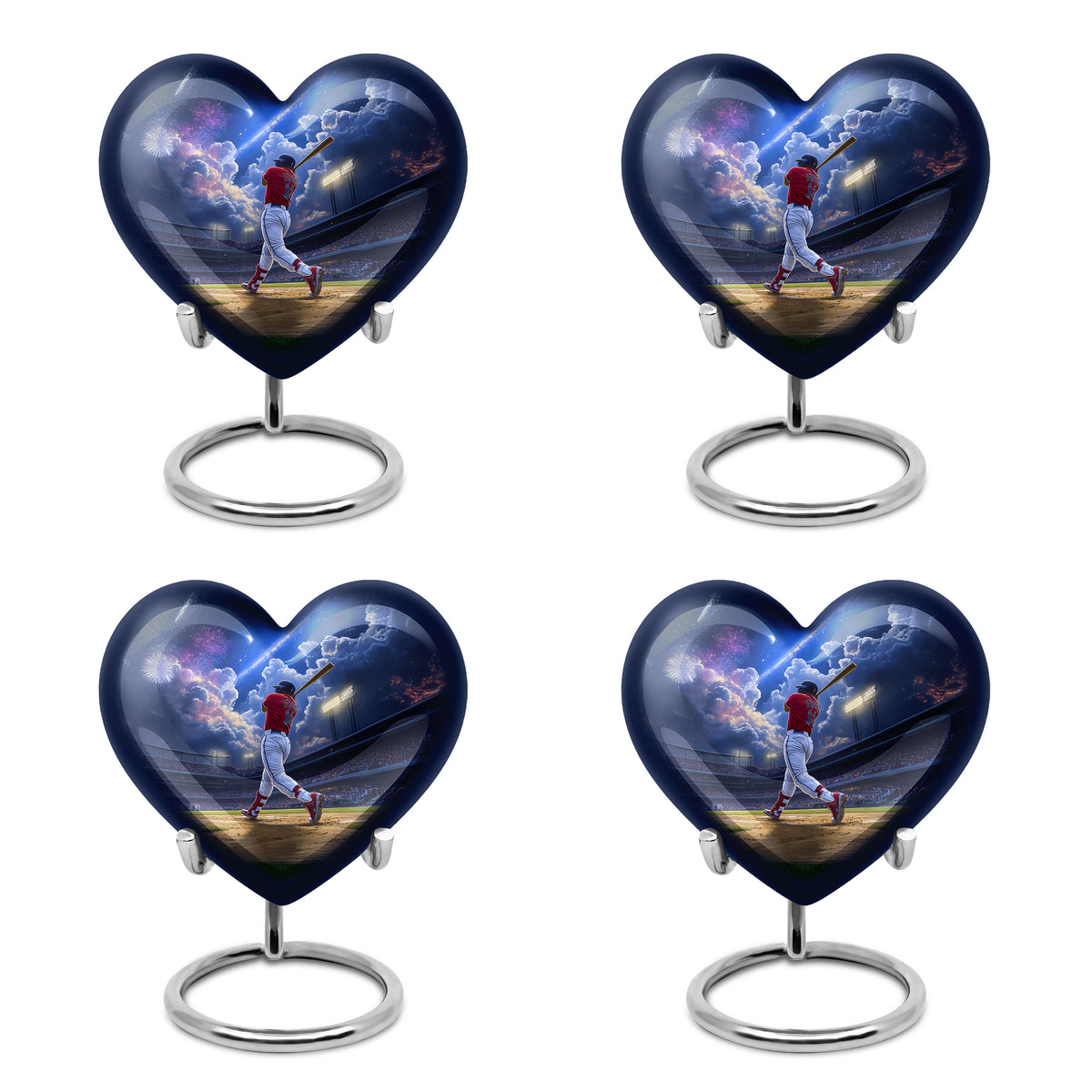 Cobalt Blue Baseball Cremation Urn angled view of lid and engraved motif - compassionate heart-baseball combination with gentle curves - 10 inch aluminum urn for cremated remains