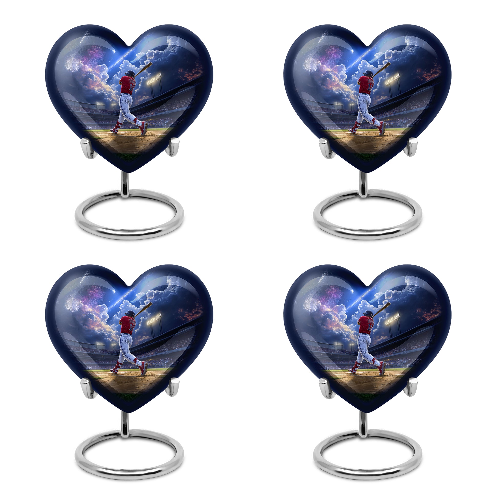 Cobalt Blue Baseball Cremation Urn angled view of lid and engraved motif - compassionate heart-baseball combination with gentle curves - 10 inch aluminum urn for cremated remains