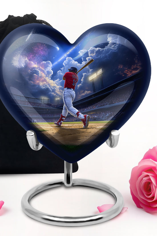Powder Blue Baseball Cremation Urn detail view - heart-shaped baseball design symbolizing eternal love - full-size 10 inch 200 cubic inch adult cremation urn
