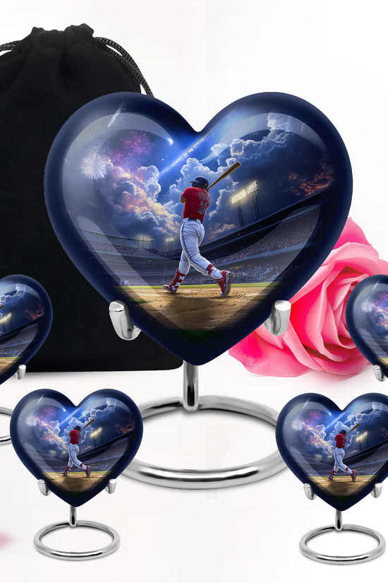 Sapphire Blue Baseball Cremation Urn close-up of engraving and surface detail - romantic heart urn with baseball motif on aluminum - memorial set with one large and four small urns