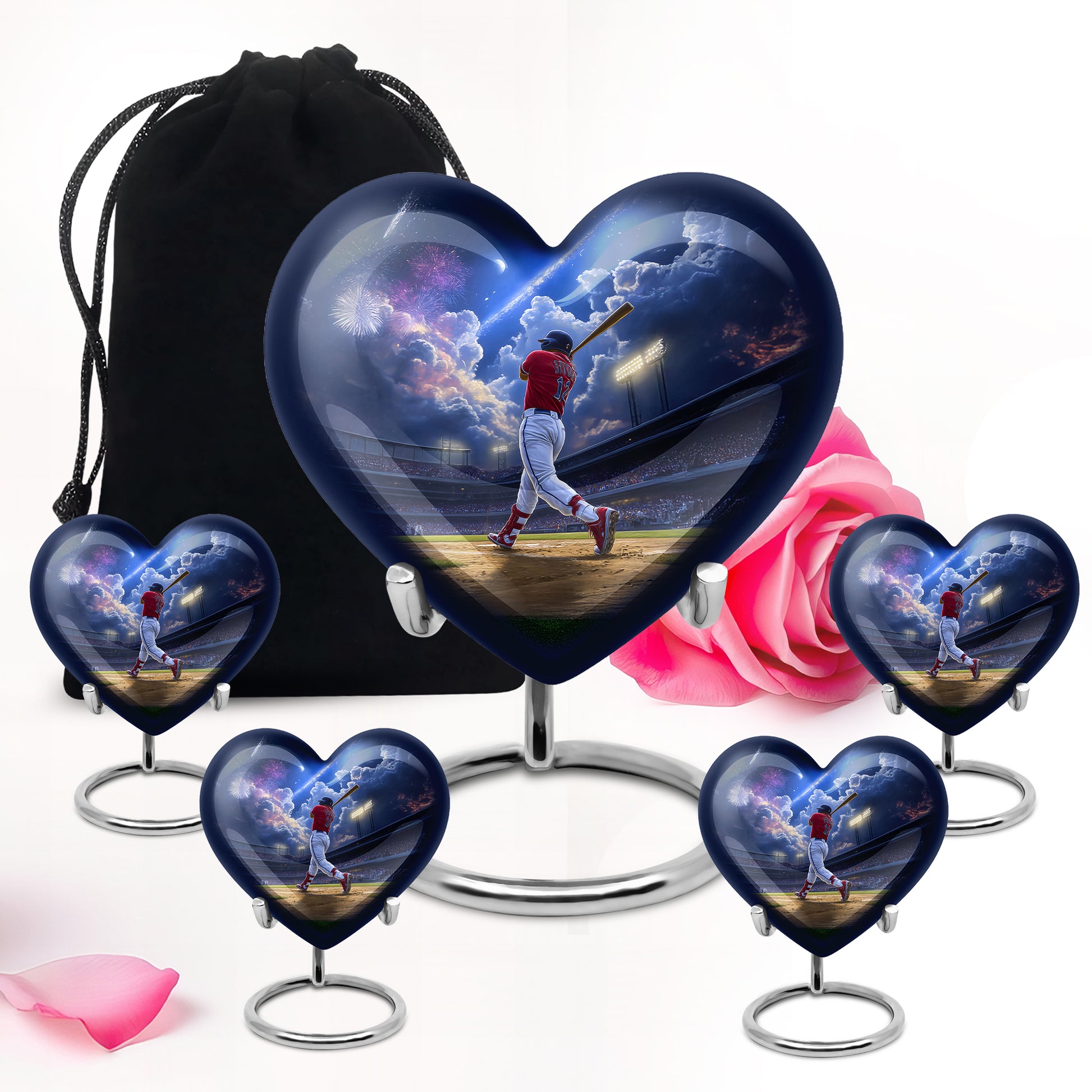 Sapphire Blue Baseball Cremation Urn close-up of engraving and surface detail - romantic heart urn with baseball motif on aluminum - memorial set with one large and four small urns