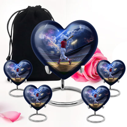 Sapphire Blue Baseball Cremation Urn close-up of engraving and surface detail - romantic heart urn with baseball motif on aluminum - memorial set with one large and four small urns