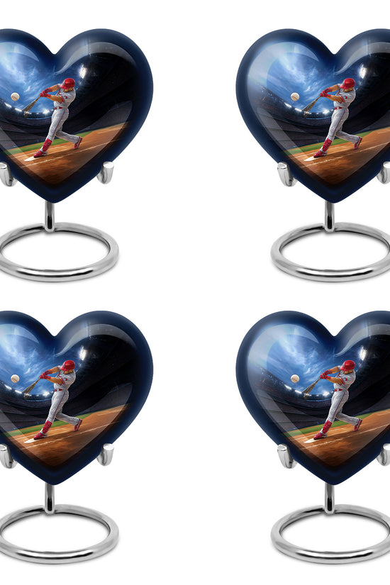 Serene Blue Baseball Cremation Urn angled view of lid and engraved motif - romantic heart urn with baseball motif on aluminum - 10 inch aluminum urn for cremated remains