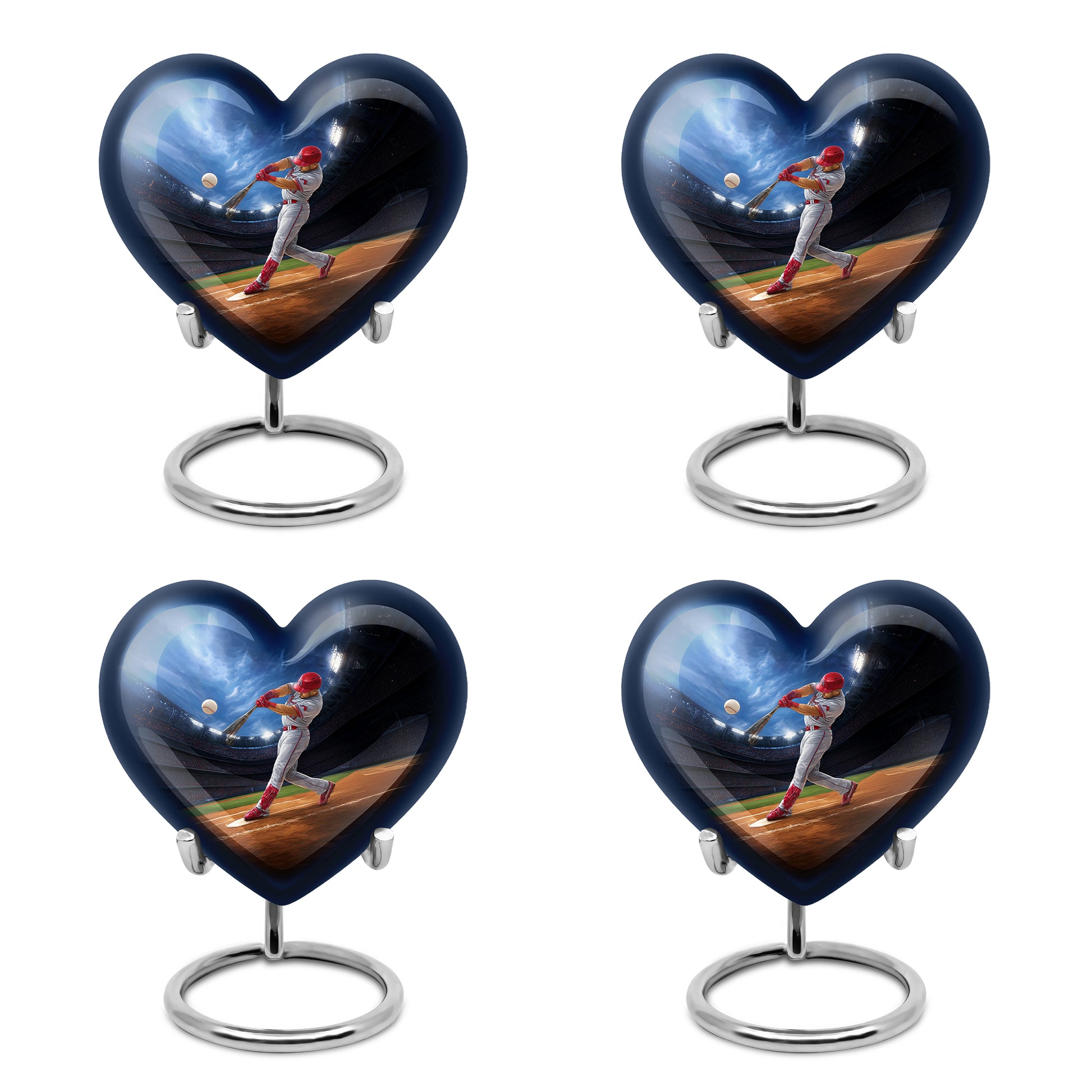 Serene Blue Baseball Cremation Urn angled view of lid and engraved motif - romantic heart urn with baseball motif on aluminum - 10 inch aluminum urn for cremated remains