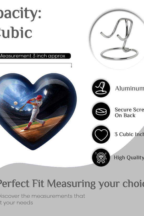 Slate Blue Baseball Cremation Urn front view showing detailed design - heart-shaped baseball design symbolizing eternal love - mini keepsake memorial for portion of cremation ashes