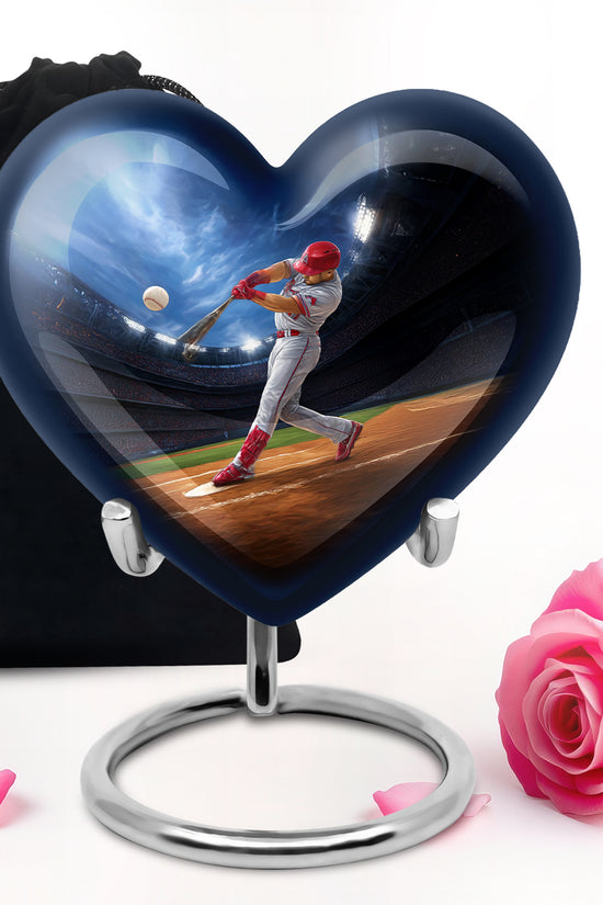 Calming Blue Baseball Cremation Urn detail view - compassionate heart-baseball combination with gentle curves - full-size 10 inch 200 cubic inch adult cremation urn
