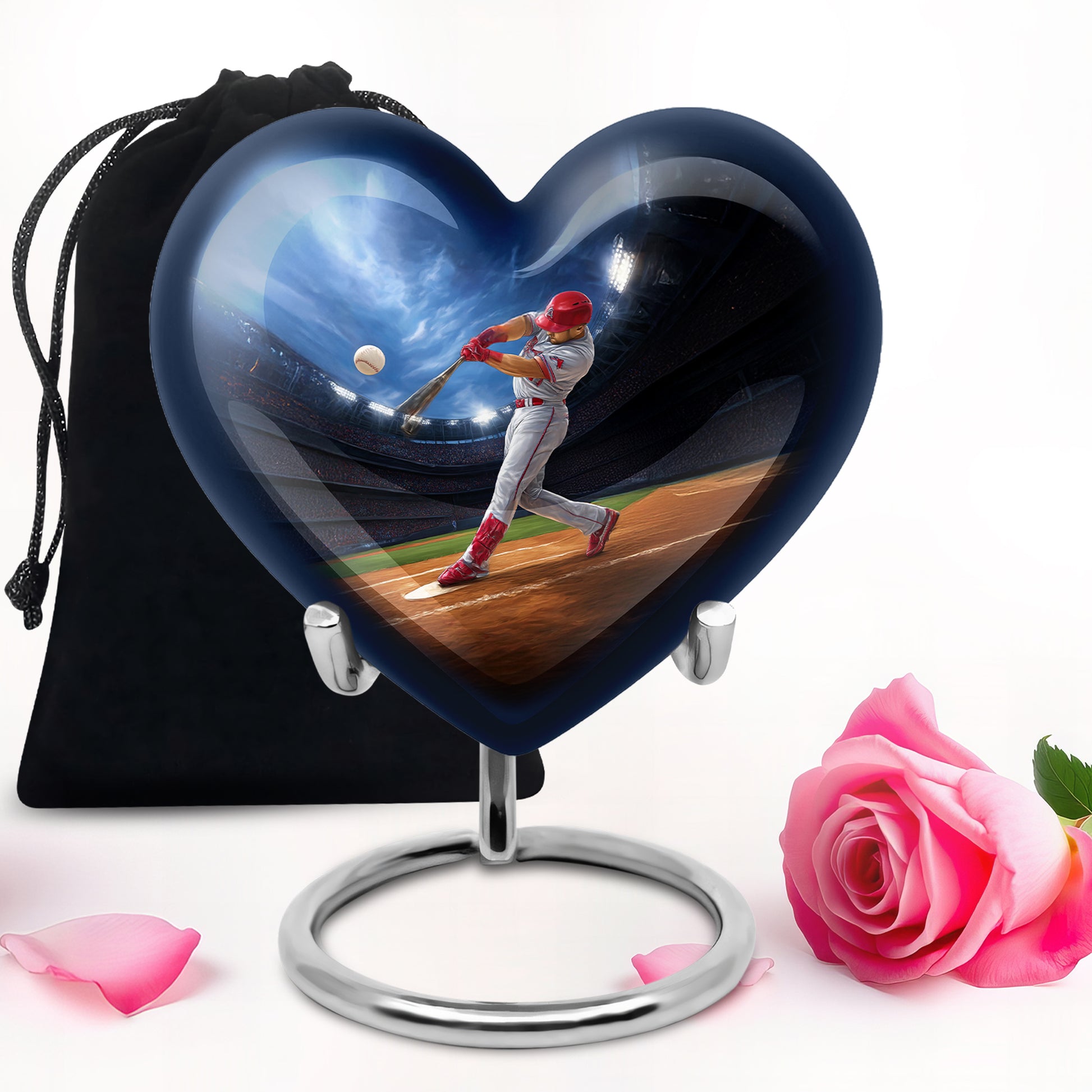 Calming Blue Baseball Cremation Urn detail view - compassionate heart-baseball combination with gentle curves - full-size 10 inch 200 cubic inch adult cremation urn