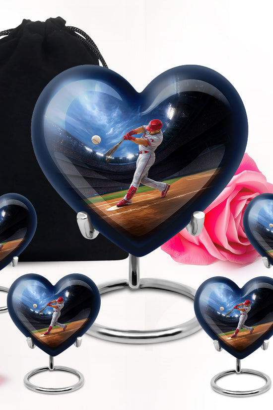 Royal Blue Baseball Cremation Urn close-up of engraving and surface detail - romantic heart urn with baseball motif on aluminum - memorial set with one large and four small urns