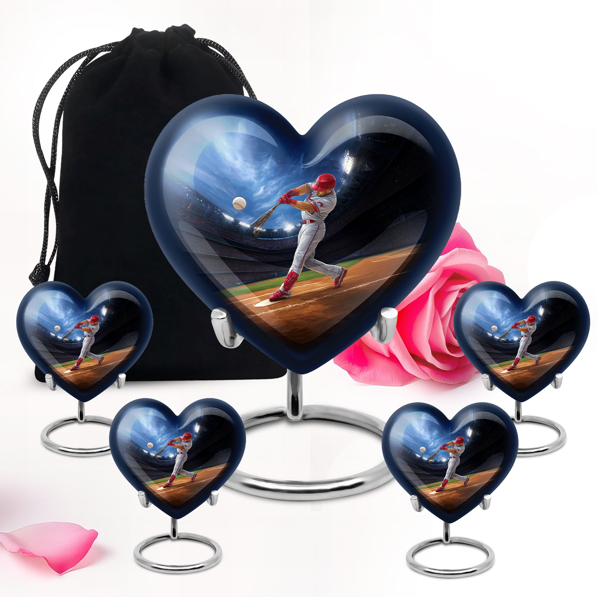 Royal Blue Baseball Cremation Urn close-up of engraving and surface detail - romantic heart urn with baseball motif on aluminum - memorial set with one large and four small urns