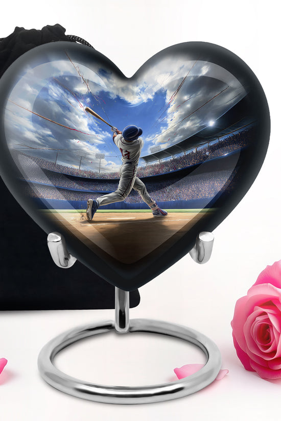 Twilight Blue Baseball Cremation Urn detail view - compassionate heart-baseball combination with gentle curves - full-size 10 inch 200 cubic inch adult cremation urn