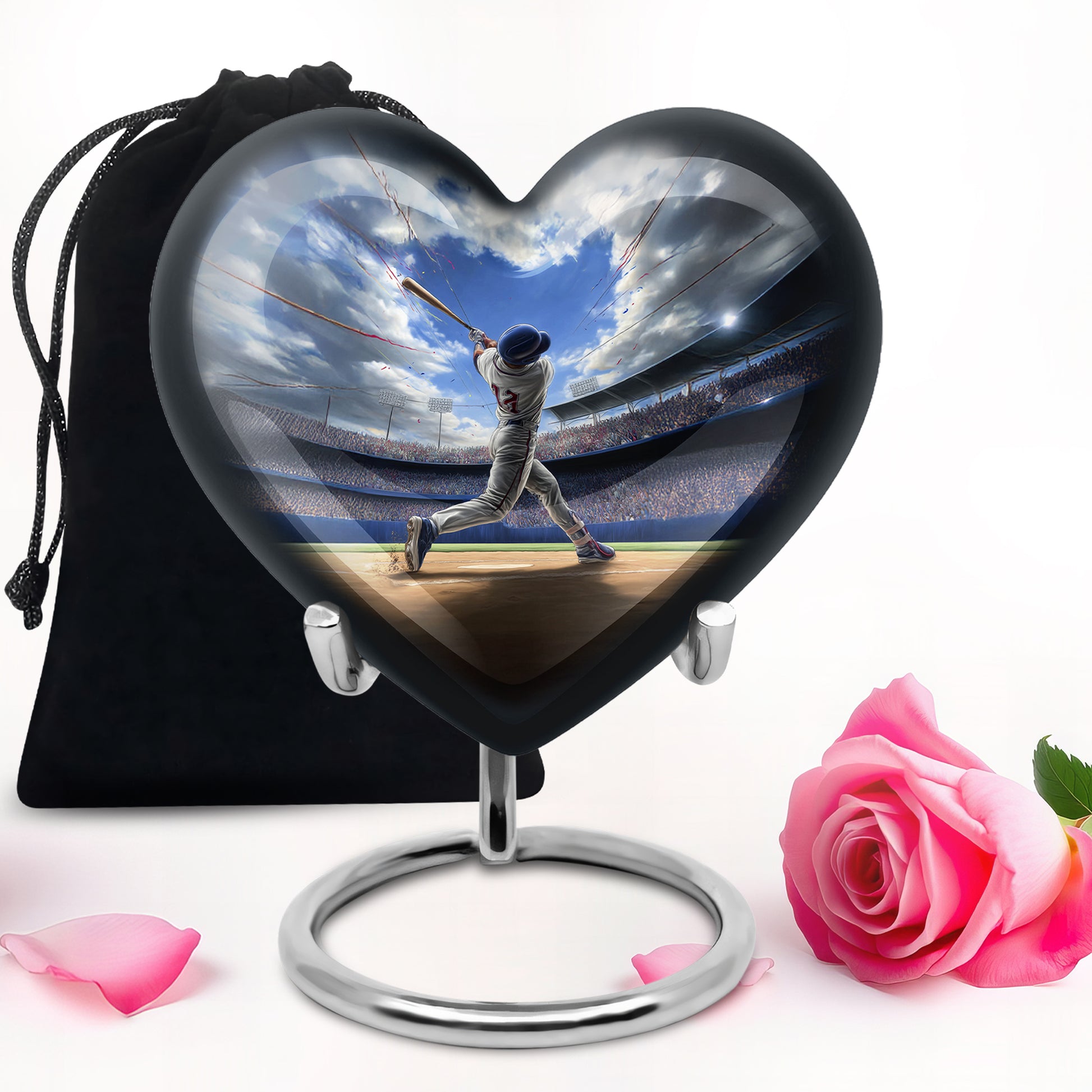 Twilight Blue Baseball Cremation Urn detail view - compassionate heart-baseball combination with gentle curves - full-size 10 inch 200 cubic inch adult cremation urn