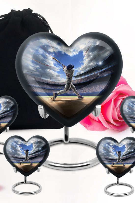 Cornflower Blue Baseball Cremation Urn close-up of engraving and surface detail - romantic heart urn with baseball motif on aluminum - memorial set with one large and four small urns