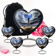 Cornflower Blue Baseball Cremation Urn close-up of engraving and surface detail - romantic heart urn with baseball motif on aluminum - memorial set with one large and four small urns