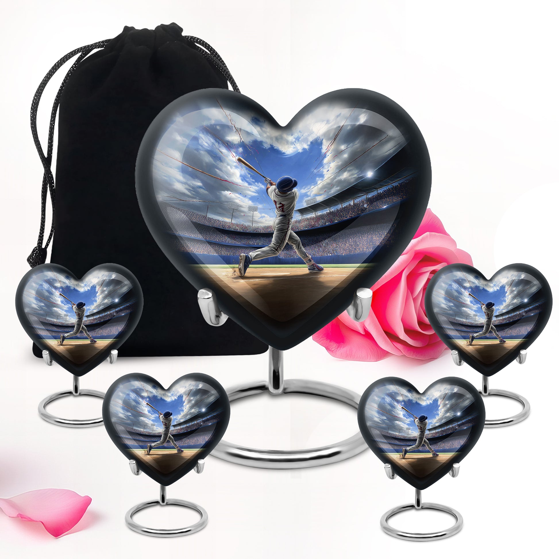 Cornflower Blue Baseball Cremation Urn close-up of engraving and surface detail - romantic heart urn with baseball motif on aluminum - memorial set with one large and four small urns