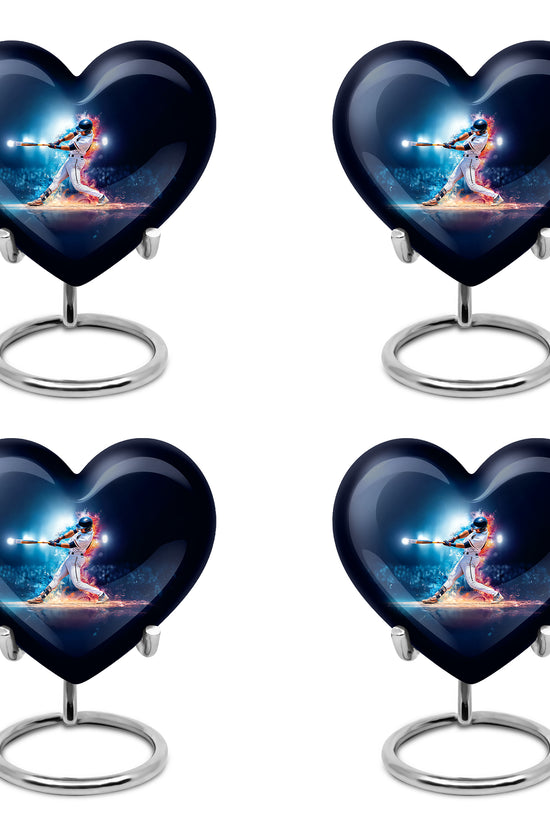 Bright Blue Baseball Cremation Urn angled view of lid and engraved motif - romantic heart urn with baseball motif on aluminum - 10 inch aluminum urn for cremated remains