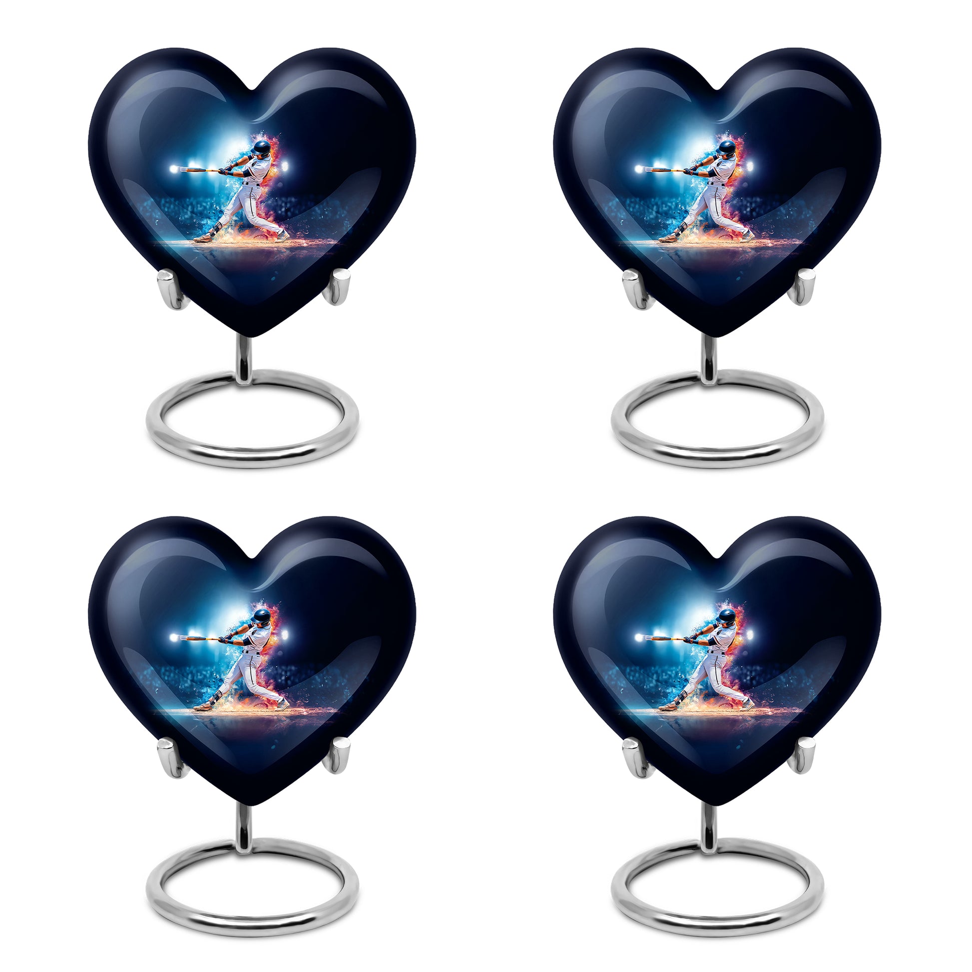 Bright Blue Baseball Cremation Urn angled view of lid and engraved motif - romantic heart urn with baseball motif on aluminum - 10 inch aluminum urn for cremated remains