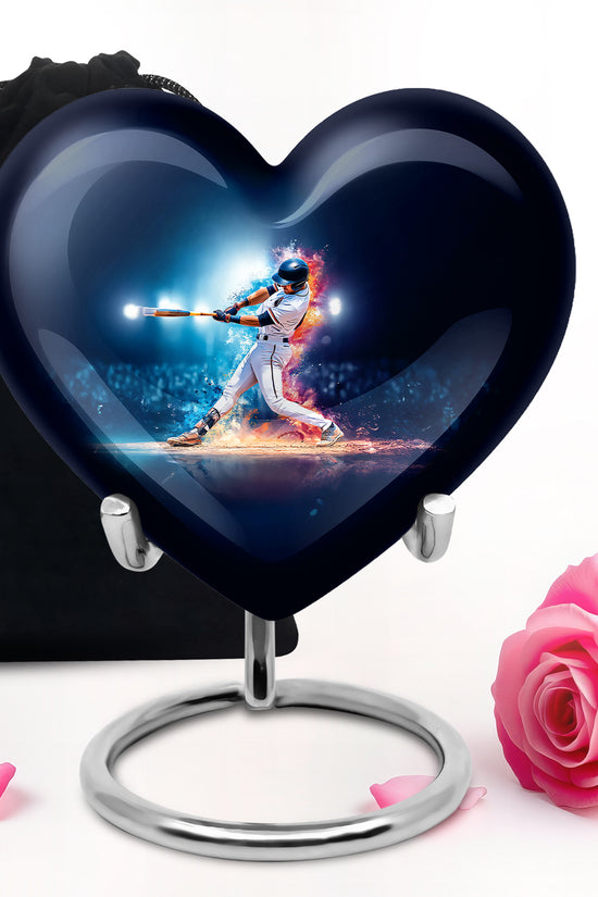 Bright Blue Baseball Cremation Urn detail view - romantic heart urn with baseball motif on aluminum - full-size 10 inch 200 cubic inch adult cremation urn