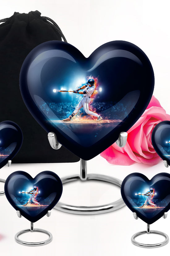 Azure Baseball Cremation Urn close-up of engraving and surface detail - heart-shaped baseball design symbolizing eternal love - memorial set with one large and four small urns