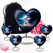 Azure Baseball Cremation Urn close-up of engraving and surface detail - heart-shaped baseball design symbolizing eternal love - memorial set with one large and four small urns