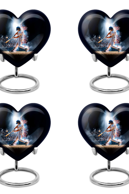 Ebony Baseball Cremation Urn angled view of lid and engraved motif - loving heart memorial featuring baseball pattern - 10 inch aluminum urn for cremated remains
