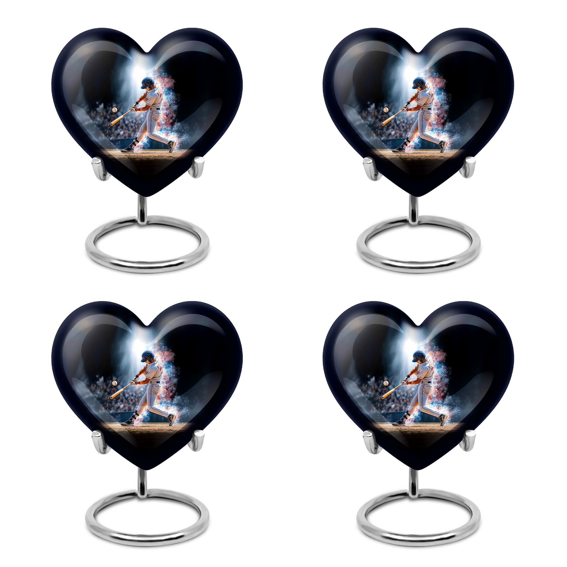 Ebony Baseball Cremation Urn angled view of lid and engraved motif - loving heart memorial featuring baseball pattern - 10 inch aluminum urn for cremated remains